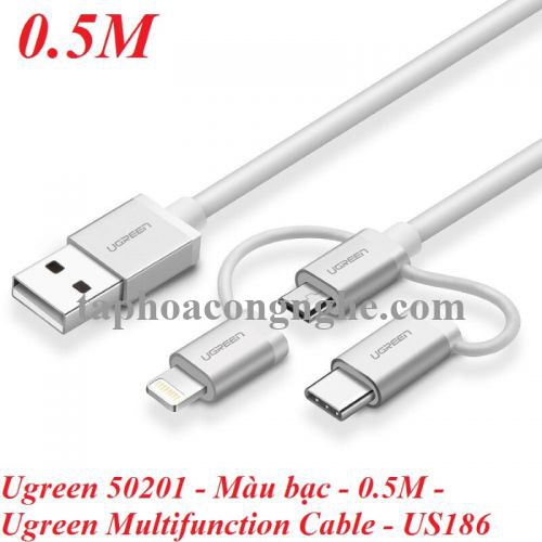 Ugreen 50201 0.5M màu Bạc Cáp sạc đa năng USB sang TypeC + Micro + Lightning US186 30050201